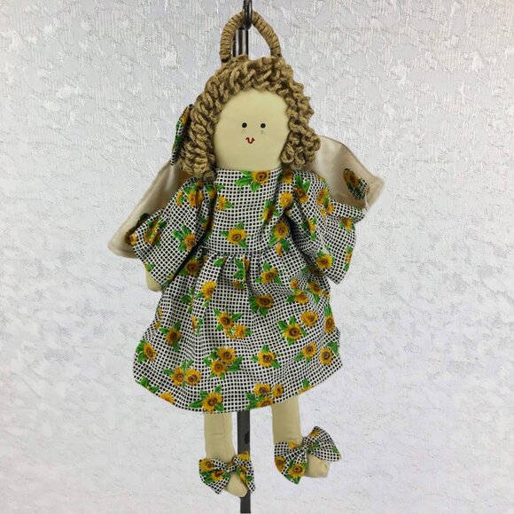 Vintage Cloth Doll Angel Dressed in Checkered and Sunflower Dress with Bows 16” - Picture 2 of 14